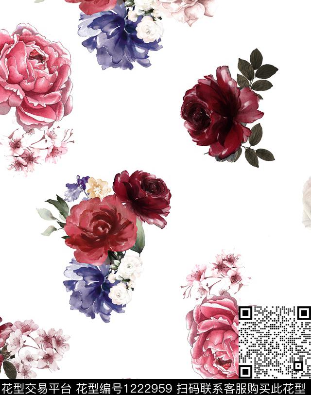 花卉水彩花卉手绘玫瑰数码印花华亿平台下载（图片编号: 1222959） - 瓦栏（Walan）