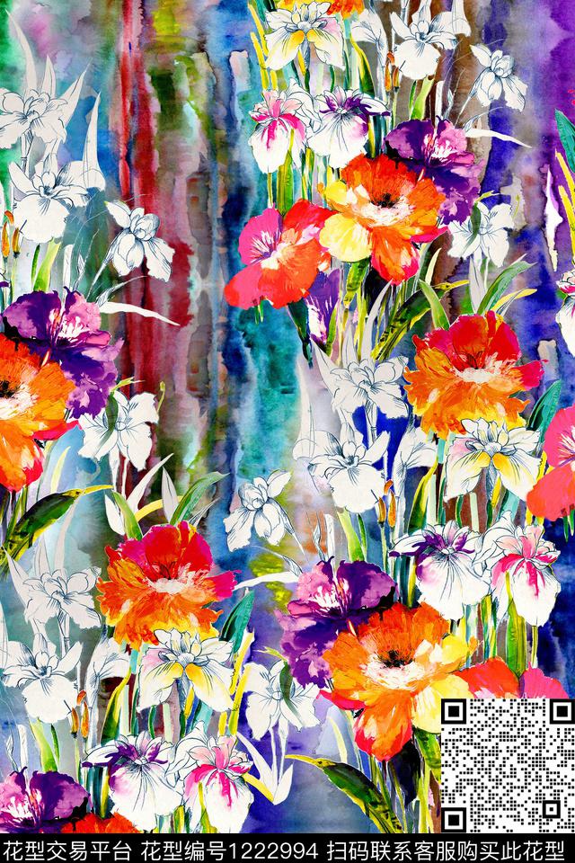 时尚手绘水彩花卉数码印花华亿平台下载（图片编号: 1222994） - 瓦栏（Walan）