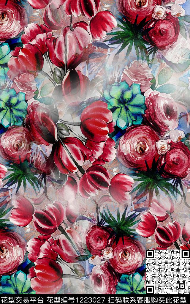 花卉手绘花卉秋冬华亿平台数码印花华亿平台下载（图片编号: 1223027） - 瓦栏（Walan）