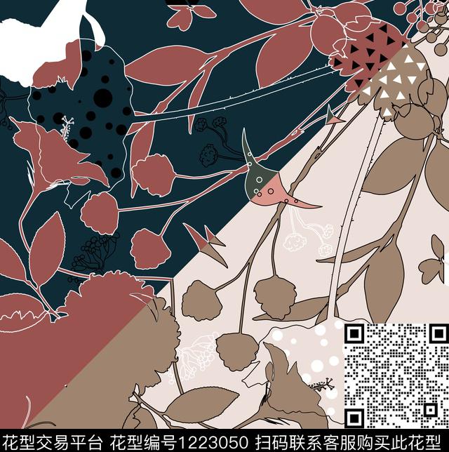 方巾花卉线条数码印花华亿平台下载（图片编号: 1223050） - 瓦栏（Walan）