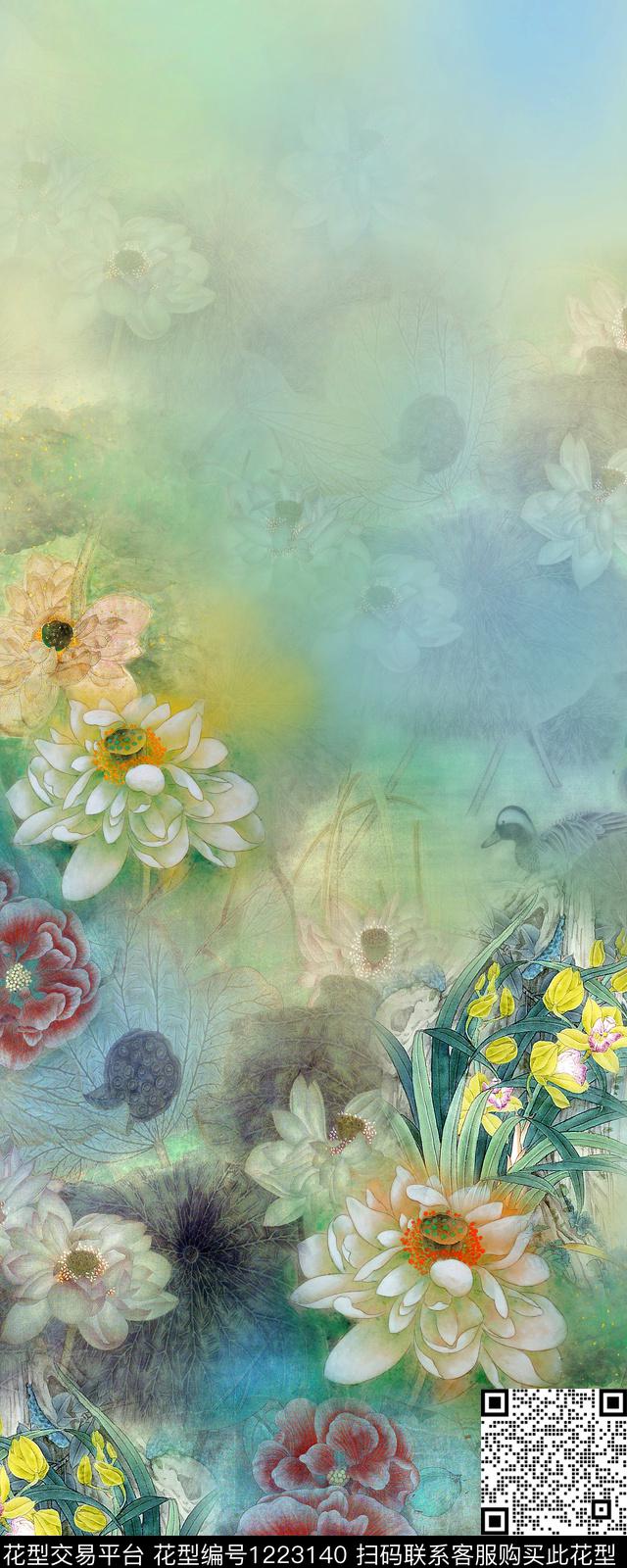 肌理花卉中国风数码印花华亿平台下载（图片编号: 1223140） - 瓦栏（Walan）
