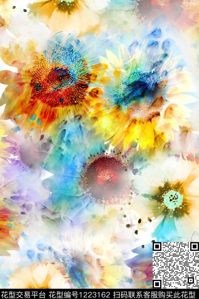 水彩抽象花卉数码印花华亿平台下载（图片编号: 1223162） - 瓦栏（Walan）