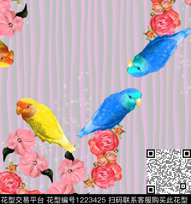 花卉混合拼接条纹数码印花华亿平台下载（图片编号: 1223425） - 瓦栏（Walan）