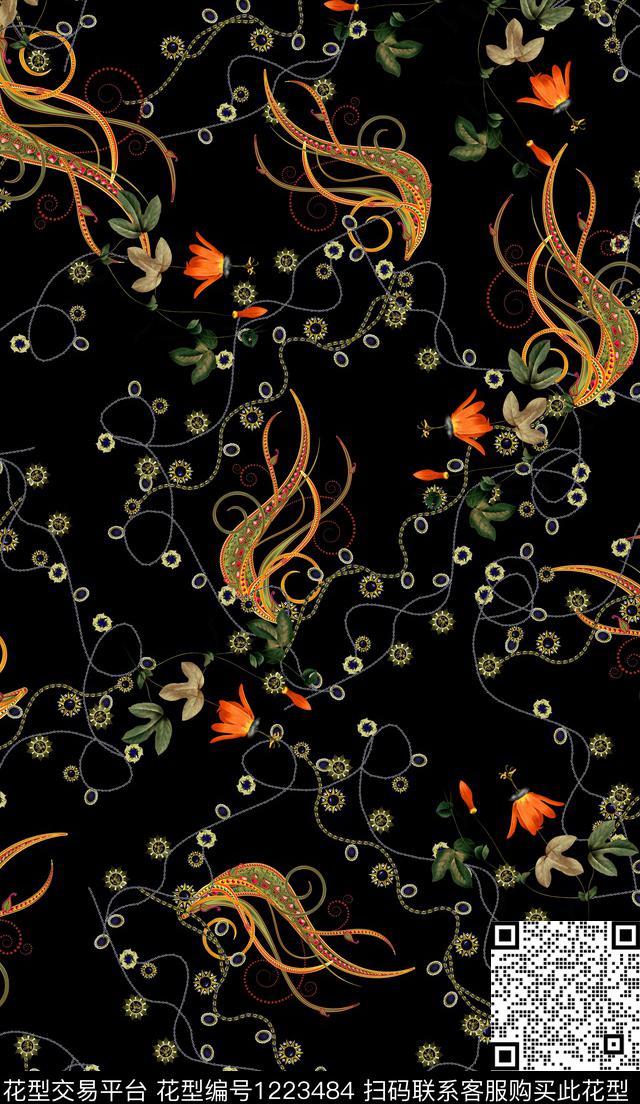 抽象小碎花黑底花卉数码印花华亿平台下载（图片编号: 1223484） - 瓦栏（Walan）