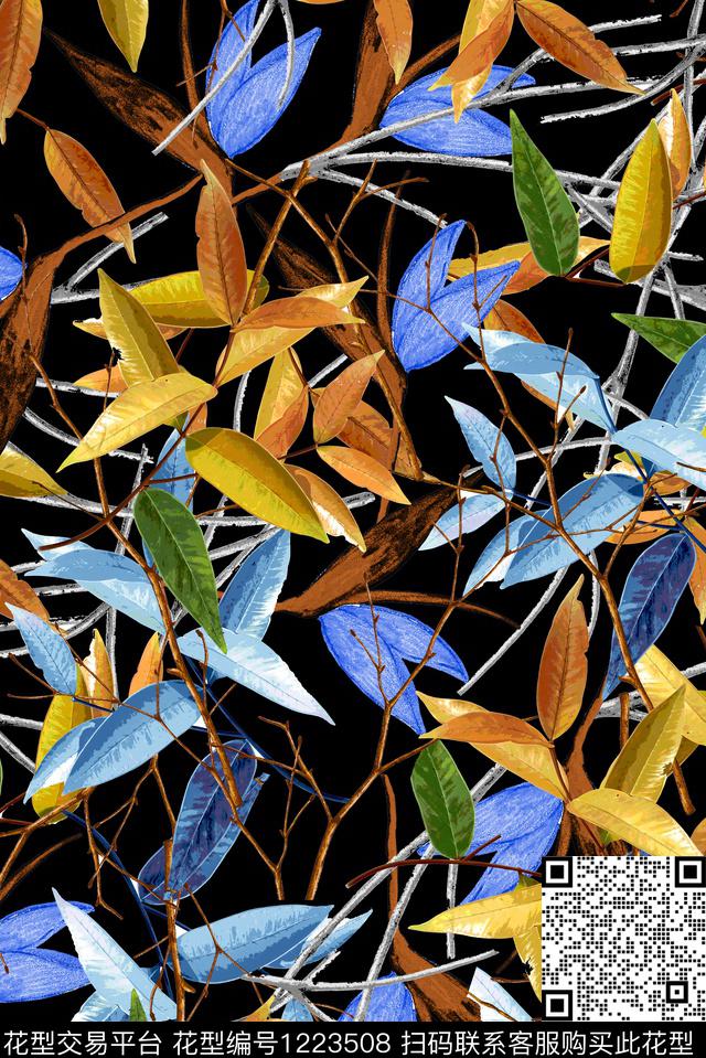 绿植树叶黄叶黑底花卉数码印花华亿平台下载（图片编号: 1223508） - 瓦栏（Walan）