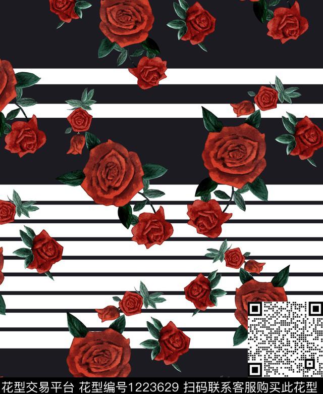 黑白条纹手绘玫瑰rose数码印花华亿平台下载（图片编号: 1223629） - 瓦栏（Walan）