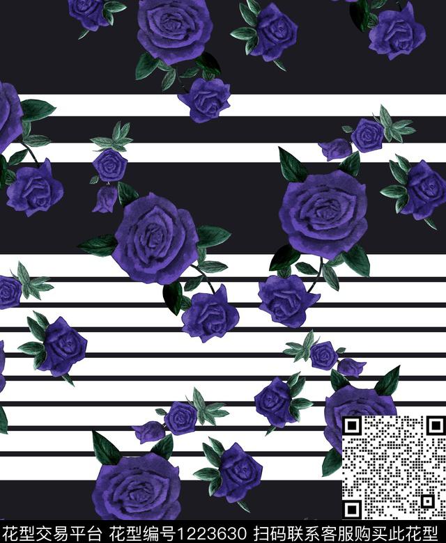 黑白条纹手绘玫瑰rose数码印花华亿平台下载（图片编号: 1223630） - 瓦栏（Walan）