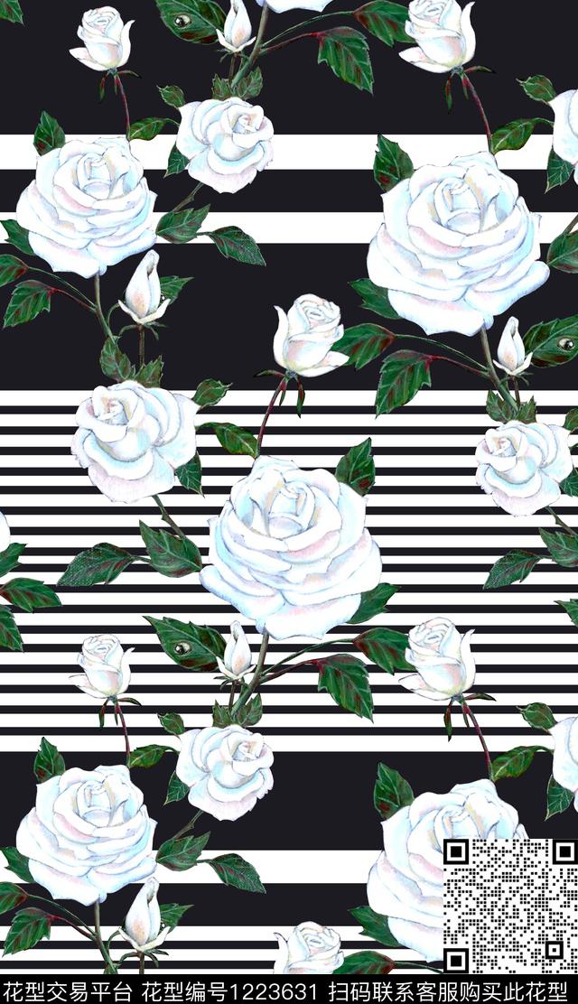 黑白条纹手绘玫瑰rose数码印花华亿平台下载（图片编号: 1223631） - 瓦栏（Walan）