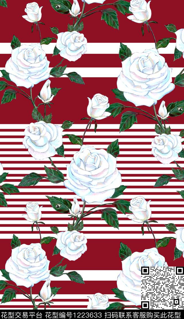 黑白条纹手绘玫瑰rose数码印花华亿平台下载（图片编号: 1223633） - 瓦栏（Walan）