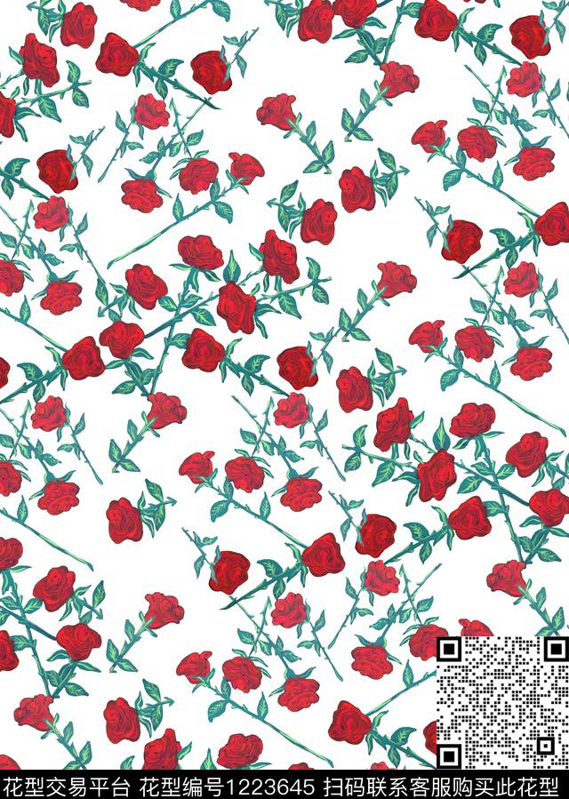 小碎花玫瑰花small数码印花华亿平台下载（图片编号: 1223645） - 瓦栏（Walan）