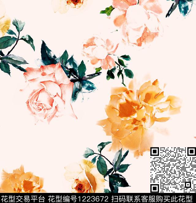 手绘玫瑰手绘花卉三色堇数码印花华亿平台下载（图片编号: 1223672） - 瓦栏（Walan）