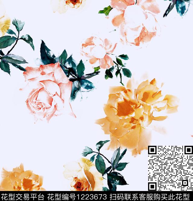 手绘玫瑰手绘花卉三色堇数码印花华亿平台下载（图片编号: 1223673） - 瓦栏（Walan）