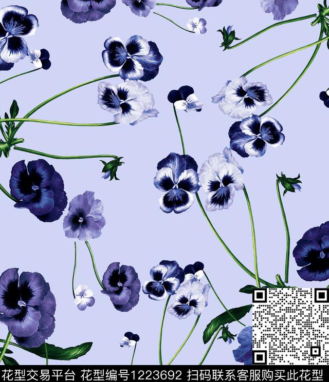 手绘花卉三色堇数码印花华亿平台下载（图片编号: 1223692） - 瓦栏（Walan）