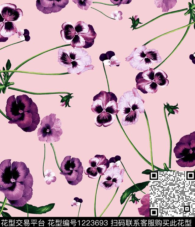 手绘玫瑰手绘花卉三色堇数码印花华亿平台下载（图片编号: 1223693） - 瓦栏（Walan）