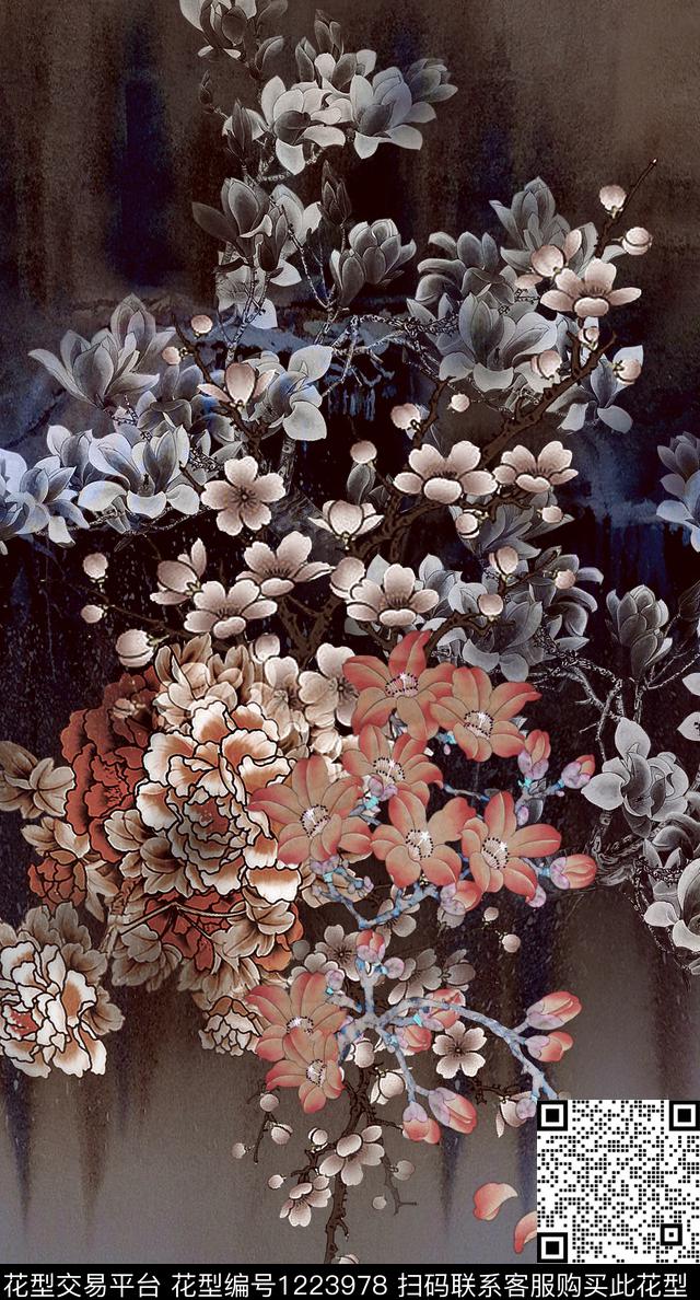 中国风定位花复古旗袍华亿平台香云纱旗袍数码印花华亿平台下载（图片编号: 1223978） - 瓦栏（Walan）