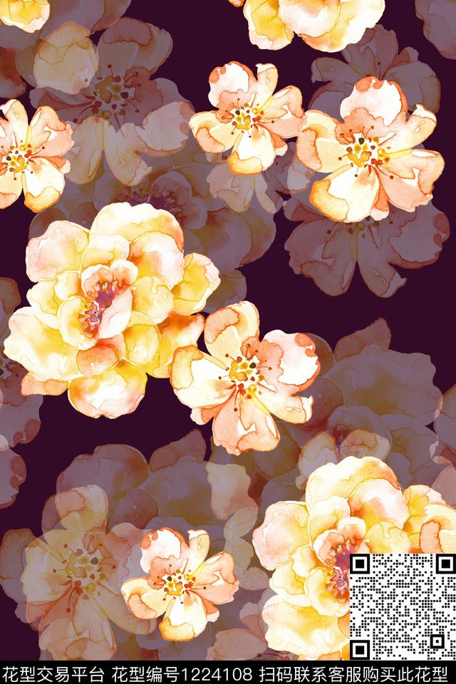 女装大花花卉数码印花华亿平台下载（图片编号: 1224108） - 瓦栏（Walan）
