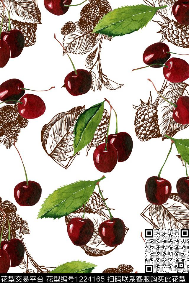 水果清爽底花卉樱桃数码印花华亿平台下载（图片编号: 1224165） - 瓦栏（Walan）