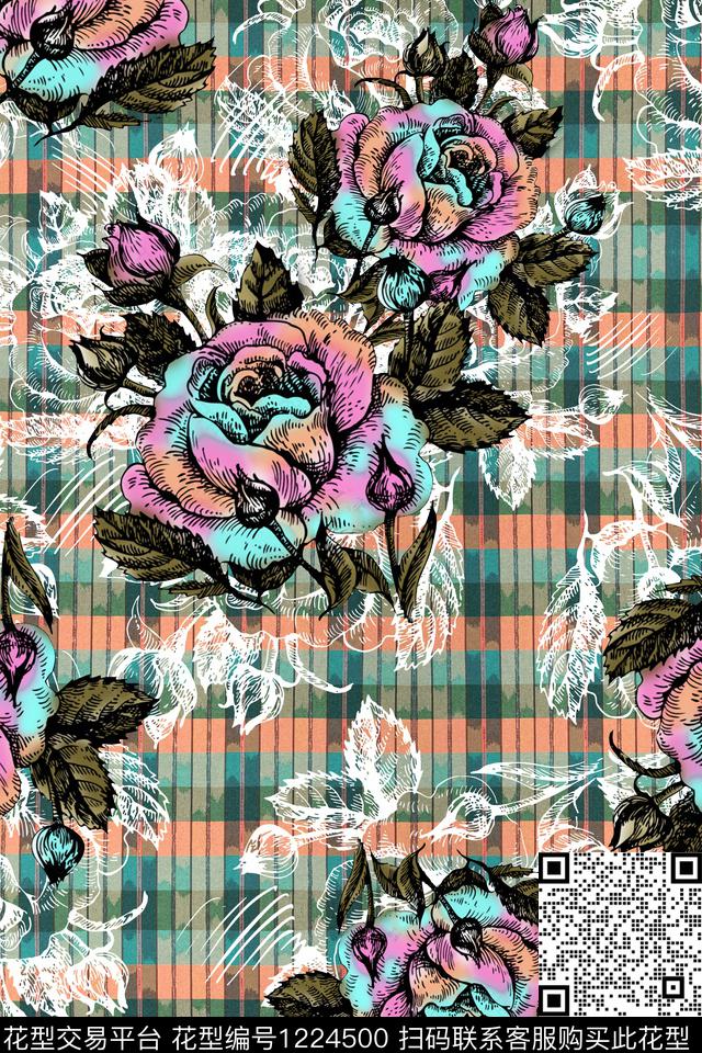 花卉格子抽象数码印花华亿平台下载（图片编号: 1224500） - 瓦栏（Walan）