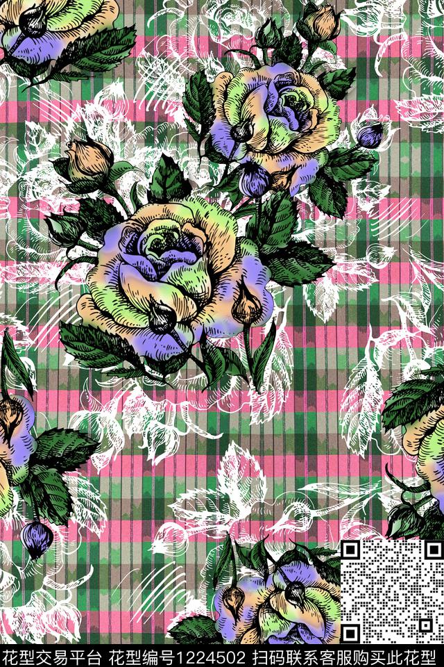花卉格子抽象数码印花华亿平台下载（图片编号: 1224502） - 瓦栏（Walan）