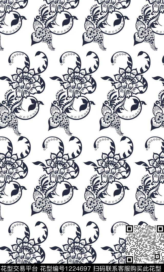 素雅靛蓝复古传统印花华亿平台下载（图片编号: 1224697） - 瓦栏（Walan）