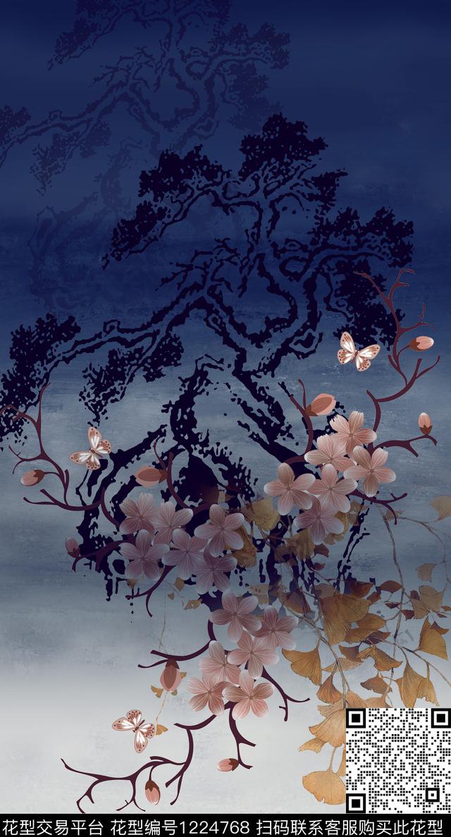 中国风定位花植物水墨风华亿平台数码印花华亿平台下载（图片编号: 1224768） - 瓦栏（Walan）