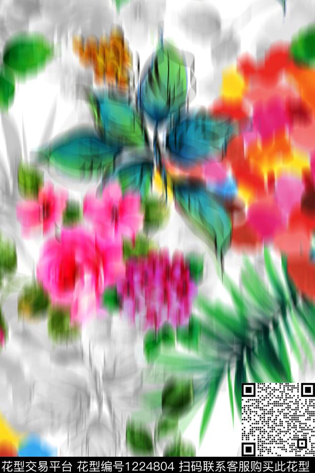 手绘花卉模糊数码印花华亿平台下载（图片编号: 1224804） - 瓦栏（Walan）