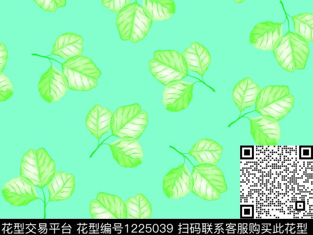 手绘绿叶子清爽亮丽数码印花华亿平台下载（图片编号: 1225039） - 瓦栏（Walan）