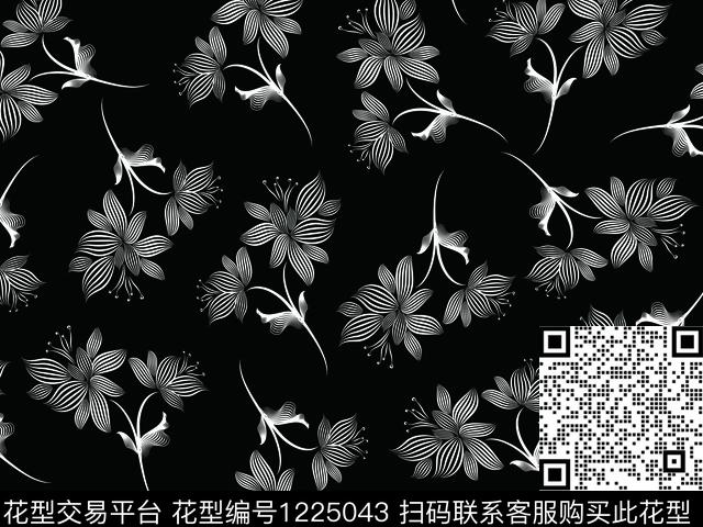 清爽线条花卉散点排列传统印花华亿平台下载（图片编号: 1225043） - 瓦栏（Walan）