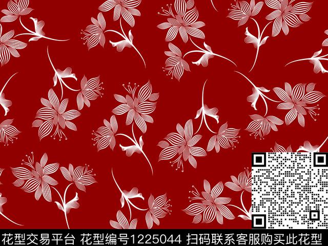 清爽线条花卉散点排列数码印花华亿平台下载（图片编号: 1225044） - 瓦栏（Walan）