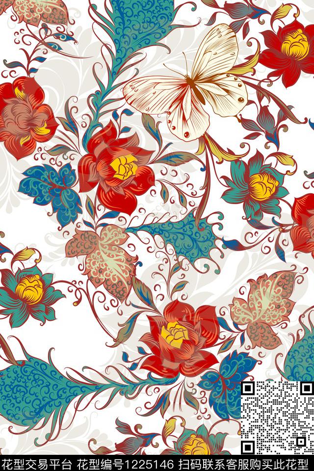 蝴蝶清爽底花卉卷草传统印花华亿平台下载（图片编号: 1225146） - 瓦栏（Walan）