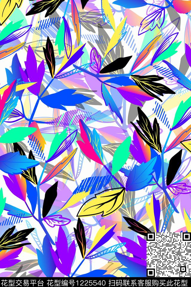 涂鸦时尚绿植树叶数码印花华亿平台下载（图片编号: 1225540） - 瓦栏（Walan）