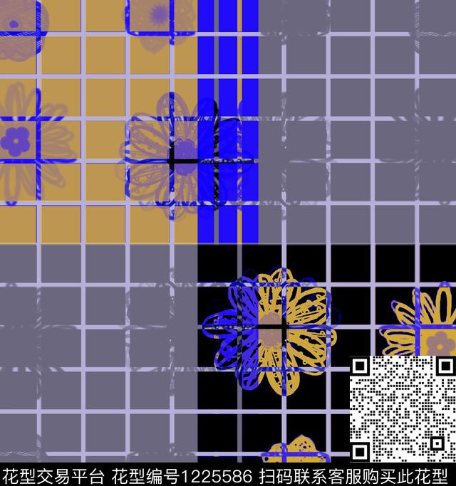 花卉格子混合拼接数码印花华亿平台下载（图片编号: 1225586） - 瓦栏（Walan）