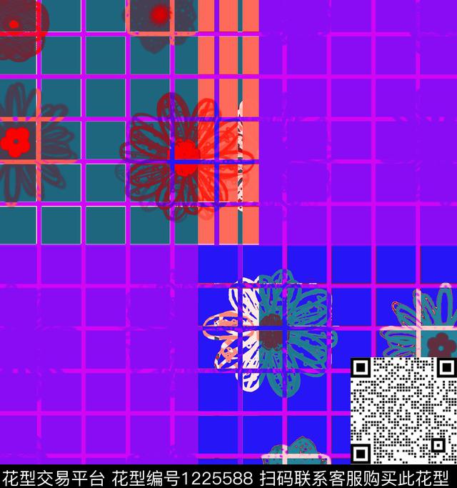 花卉格子混合拼接数码印花华亿平台下载（图片编号: 1225588） - 瓦栏（Walan）