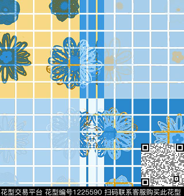 花卉格子混合拼接数码印花华亿平台下载（图片编号: 1225590） - 瓦栏（Walan）