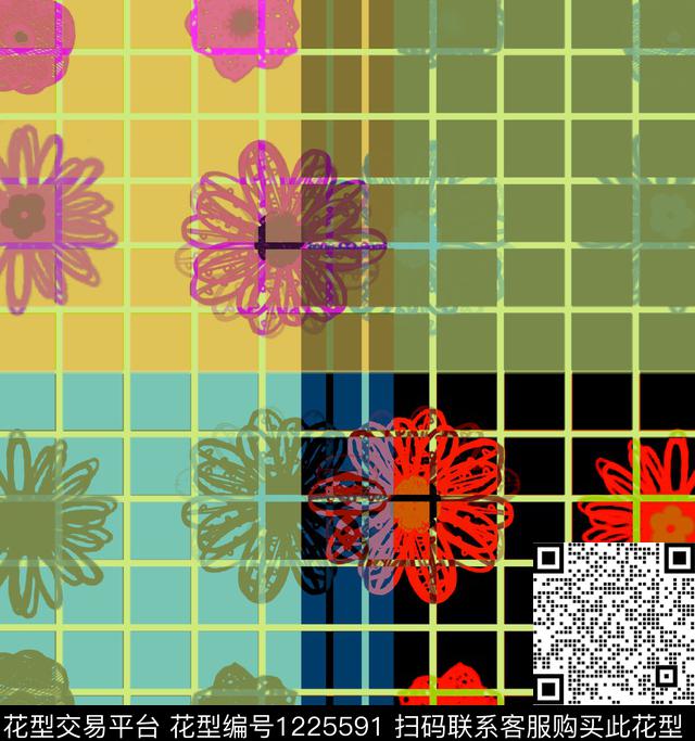 花卉格子混合拼接数码印花华亿平台下载（图片编号: 1225591） - 瓦栏（Walan）