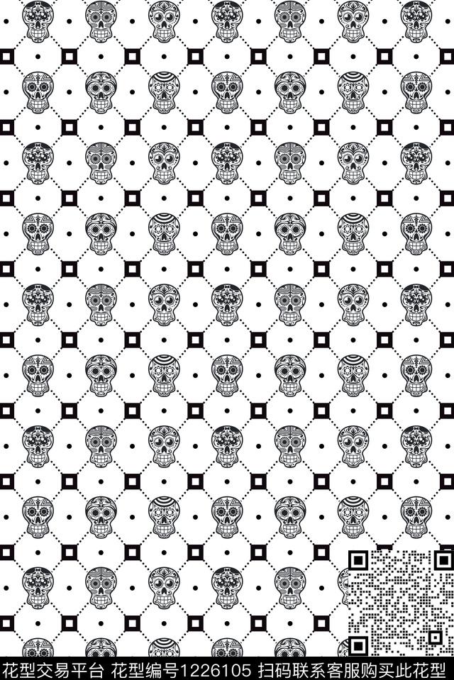 大牌风骷髅黑白华亿平台传统印花华亿平台下载（图片编号: 1226105） - 瓦栏（Walan）