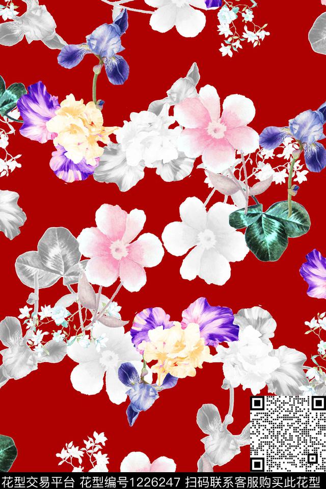 满版散花手绘花卉数码印花华亿平台下载（图片编号: 1226247） - 瓦栏（Walan）