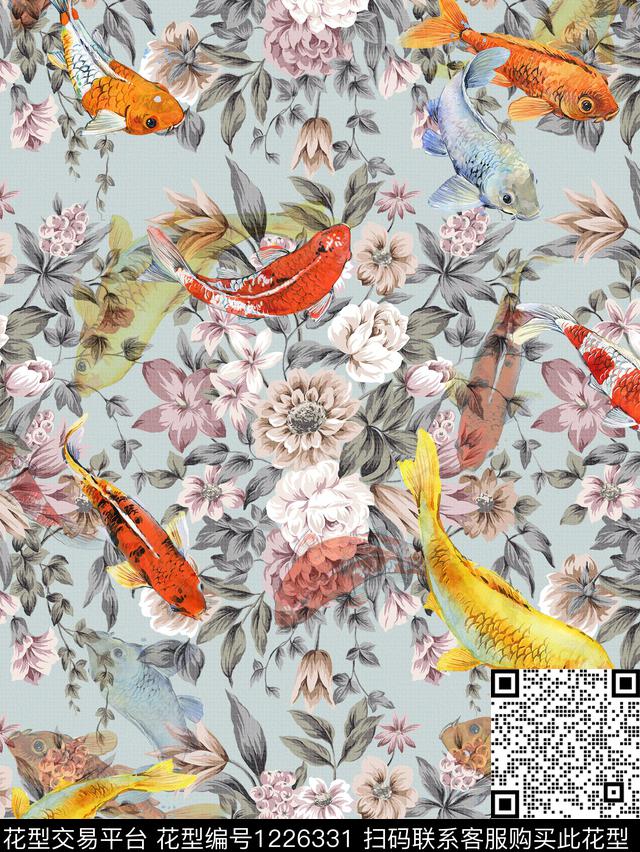 中国风锦鲤女装元素数码印花华亿平台下载（图片编号: 1226331） - 瓦栏（Walan）