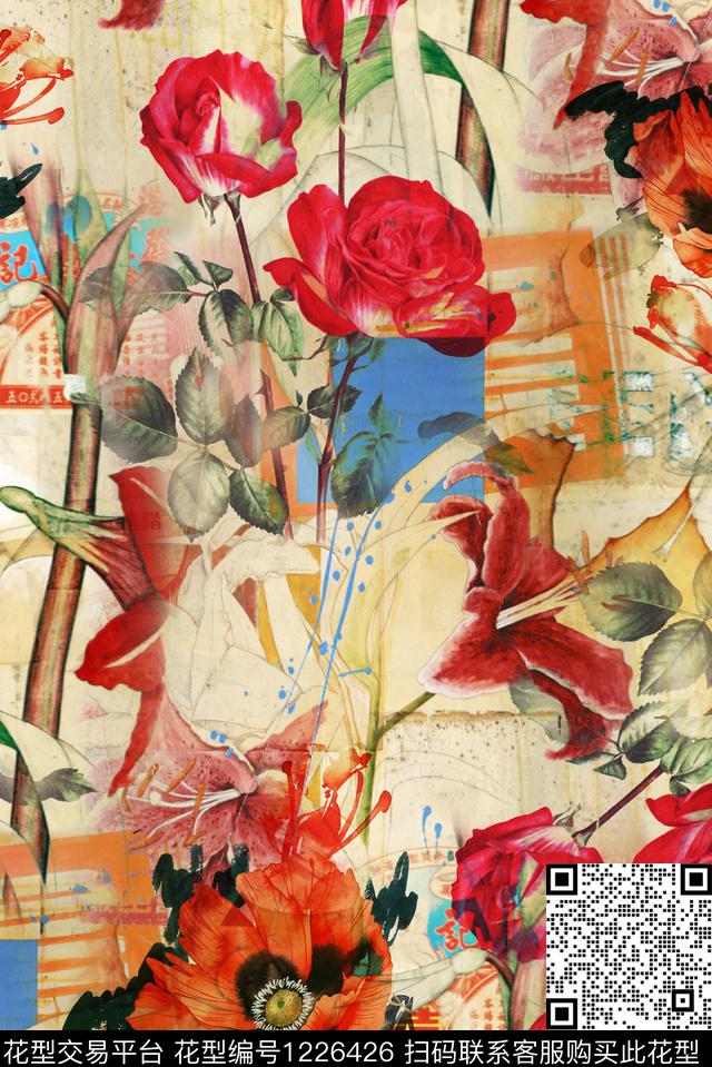 抽象花卉大牌风数码华亿平台数码印花华亿平台下载（图片编号: 1226426） - 瓦栏（Walan）