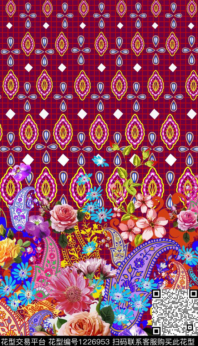 几何花卉定位花裙摆数码印花华亿平台下载（图片编号: 1226953） - 瓦栏（Walan）