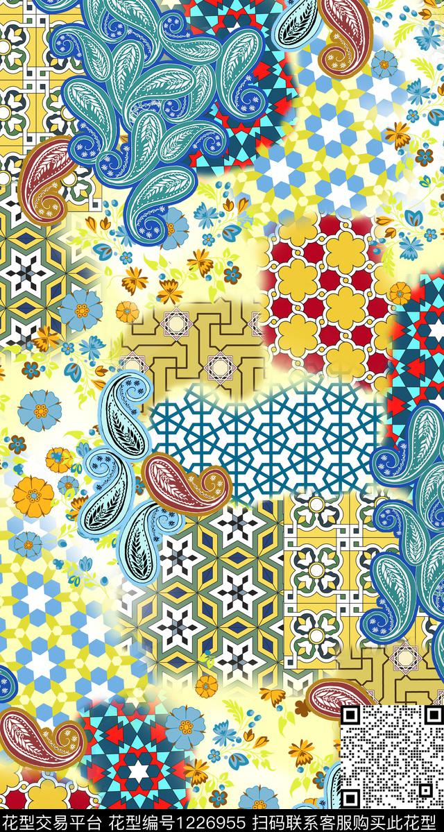 几何佩斯利混合拼接传统印花华亿平台下载（图片编号: 1226955） - 瓦栏（Walan）