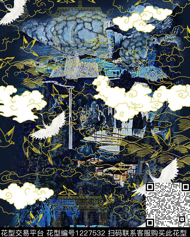 仙鹤定位花线条数码印花华亿平台下载（图片编号: 1227532） - 瓦栏（Walan）