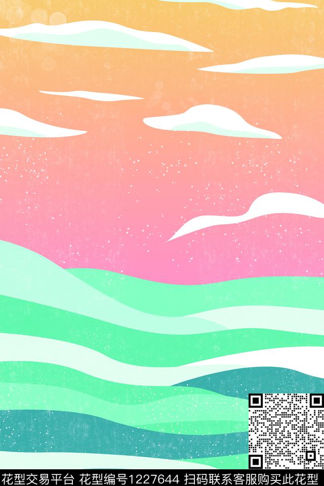 海浪几何蓝色数码印花华亿平台下载（图片编号: 1227644） - 瓦栏（Walan）