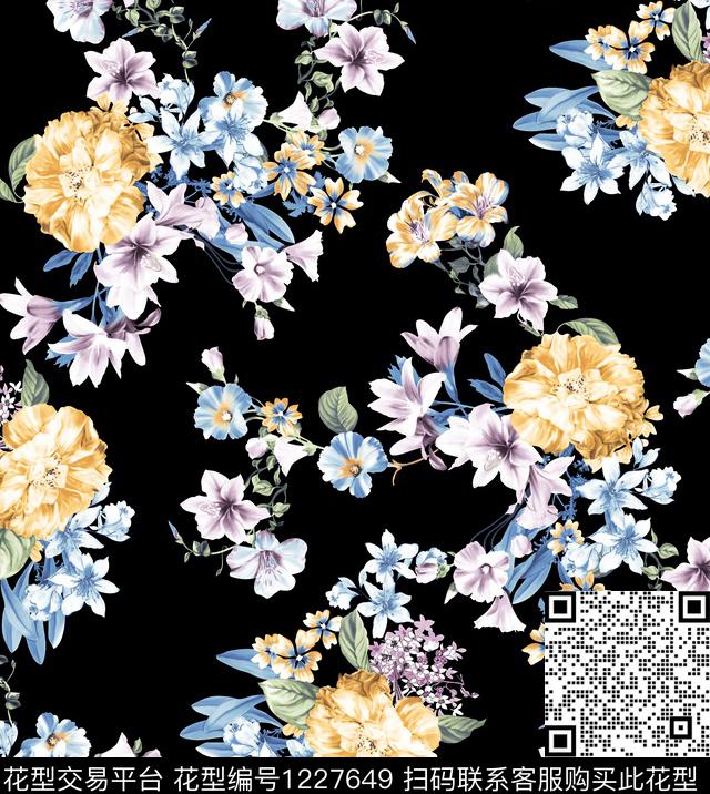 女装花卉黑底花卉传统印花华亿平台下载（图片编号: 1227649） - 瓦栏（Walan）