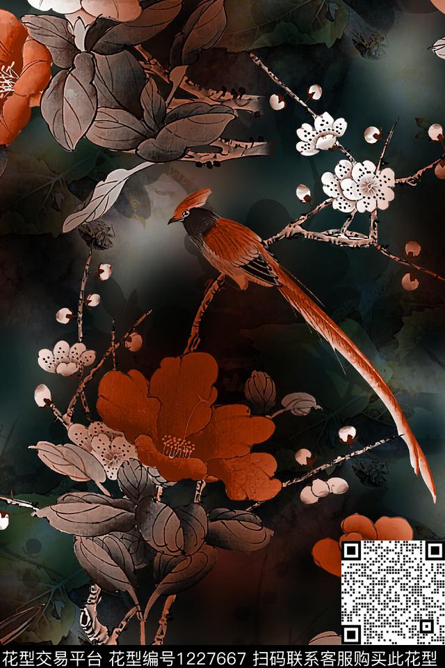 香云纱大牌风花鸟数码印花华亿平台下载（图片编号: 1227667） - 瓦栏（Walan）