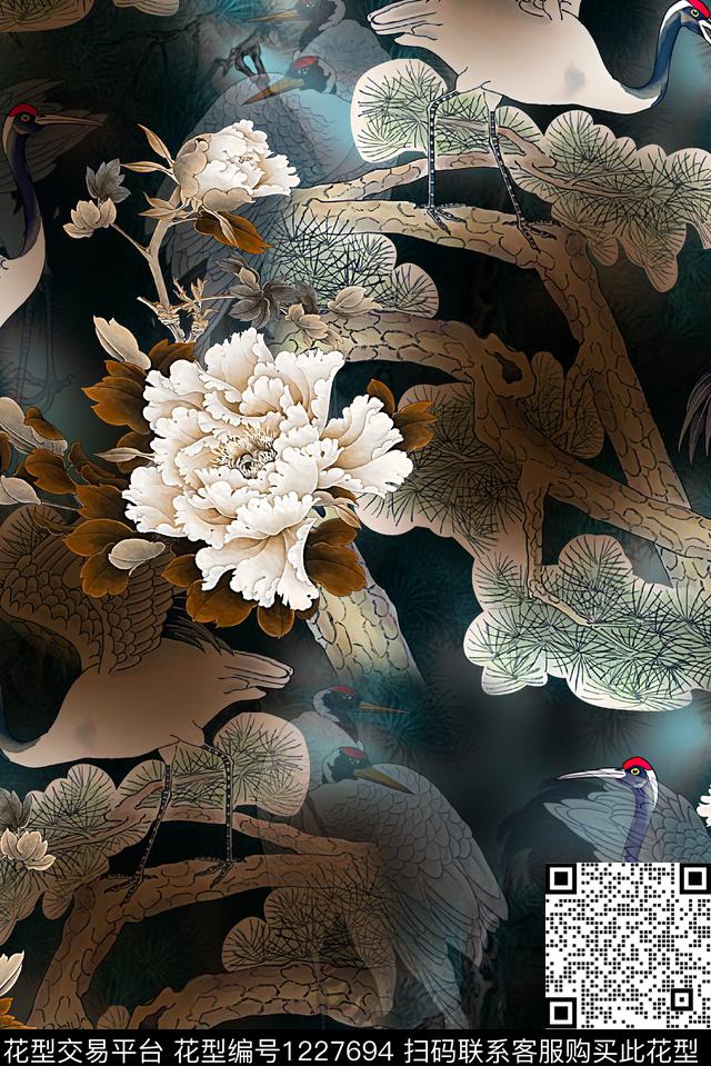 香云纱花鸟中国风数码印花华亿平台下载（图片编号: 1227694） - 瓦栏（Walan）