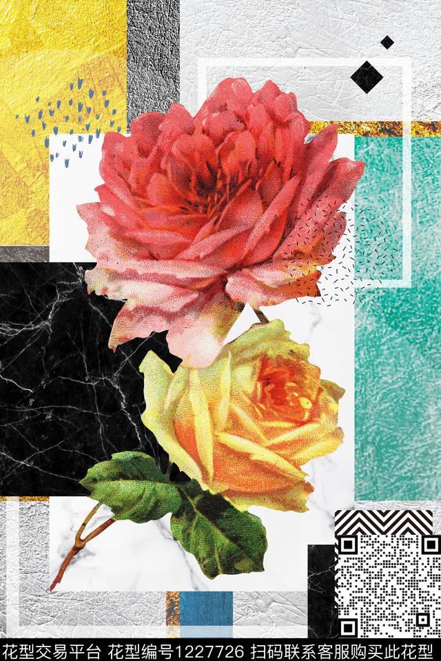几何海报鲜花数码印花华亿平台下载（图片编号: 1227726） - 瓦栏（Walan）