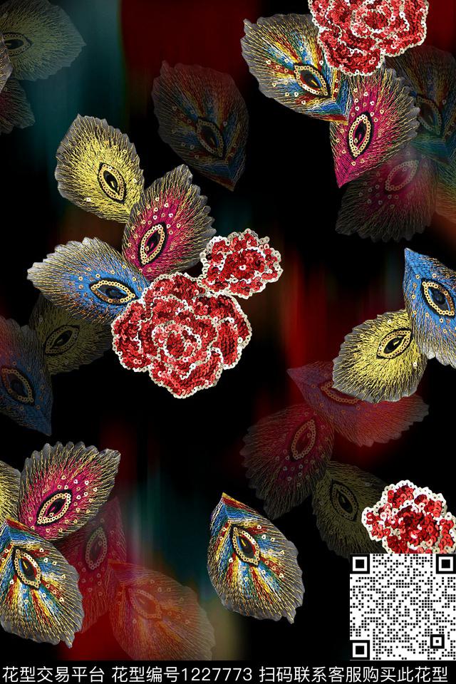 花卉羽毛绣花华亿平台数码印花华亿平台下载（图片编号: 1227773） - 瓦栏（Walan）