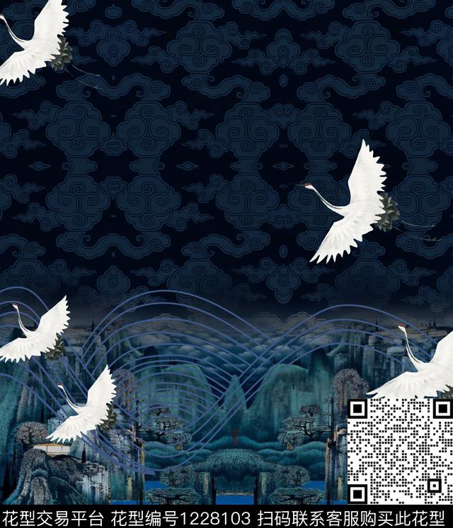 仙鹤定位花中国风数码印花华亿平台下载（图片编号: 1228103） - 瓦栏（Walan）