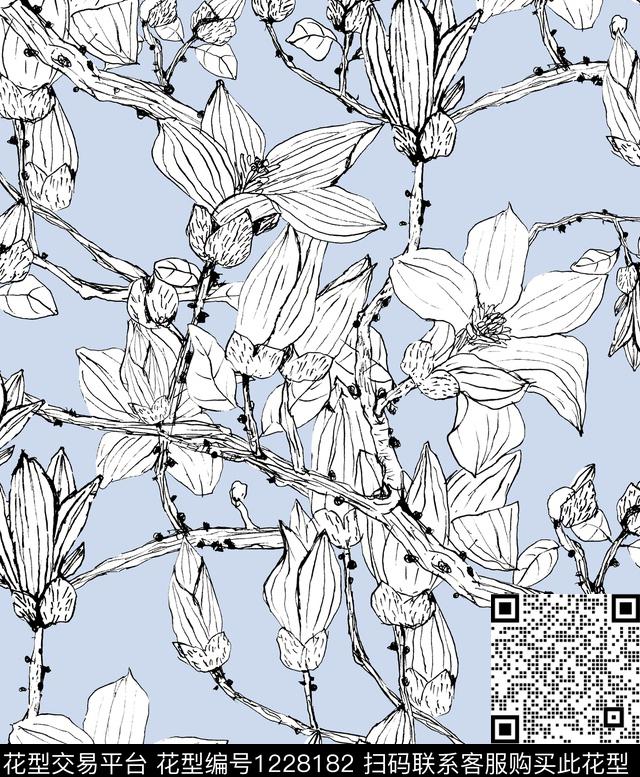 签字笔线条花卉Magnolia数码印花华亿平台下载（图片编号: 1228182） - 瓦栏（Walan）